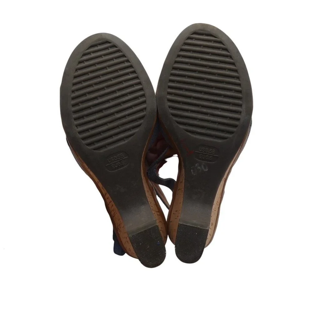 The FLEXX Wedge‎ Sandal Women 8.5 Blue Textured Leather Cork T-Strap Slingback